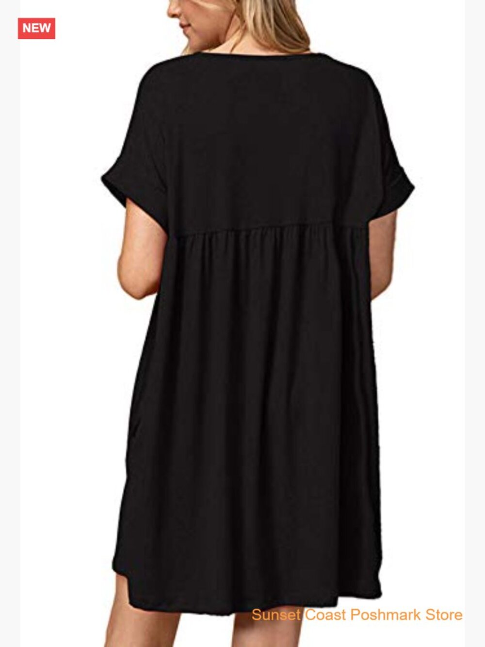 Womens Baby Doll Dress Summer Casual Tunic Pleated Flowy Swing Short Sleeve V - Picture 2 of 7